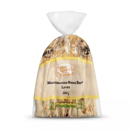 Front view of Twins Bakery Mediterranean Kebab Bread Lavas 500g in packaging on grey surface
