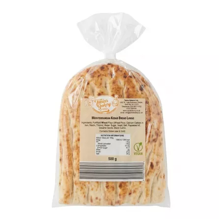 Back of Twins Bakery Mediterranean Kebab Bread Lavas 500g showing nutrition and ingredient details