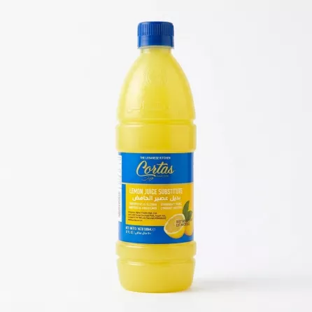Front view of Cortas Lemon Juice Substitute 500ml bottle, yellow with blue label