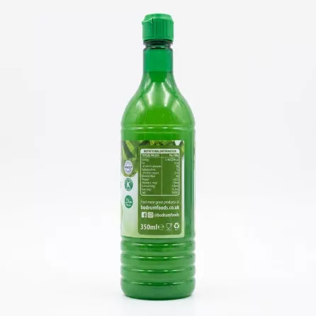 Back label of Bodrum Lime Juice showing nutrition facts and 350ml size
