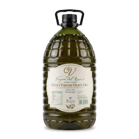 Hand holding Virgen del Rosario Extra Virgin Olive Oil 5L bottle on a grocery shelf