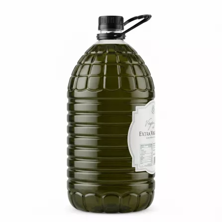 Side view of large 5L bottle of Virgen del Rosario Extra Virgin Olive Oil