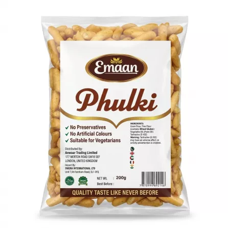 Front of Emaan Phulki 200g pack showing product branding, ingredients, certifications and price