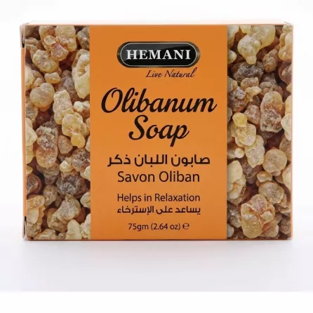 Hemani Olibanum Soap 75g box front showing product name and relaxation claim