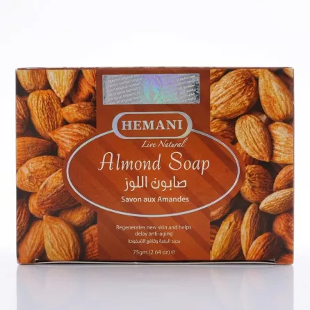 Front view of Hemani Almond Soap box showing product name and benefits
