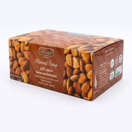 Angled view of Hemani Almond Soap packaging in hand