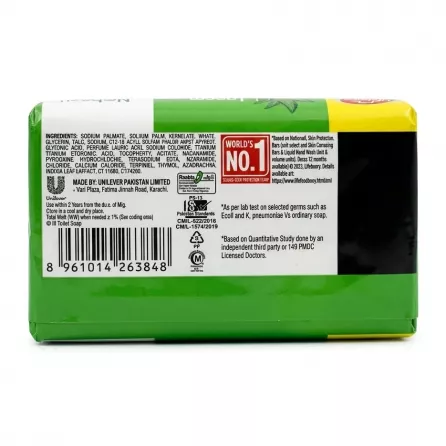 Back of Lifebuoy Neem Herbal Soap Bar showing ingredients, manufacturing and barcode
