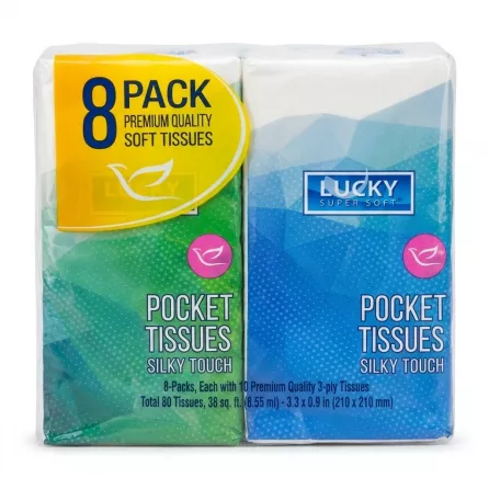 Lucky Super Soft Pocket Tissues 8 Pack in green and blue packaging held in a shop aisle