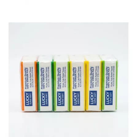 Side view of Lucky Super Soft Pocket Tissues 8 Pack showing individually wrapped mini packs