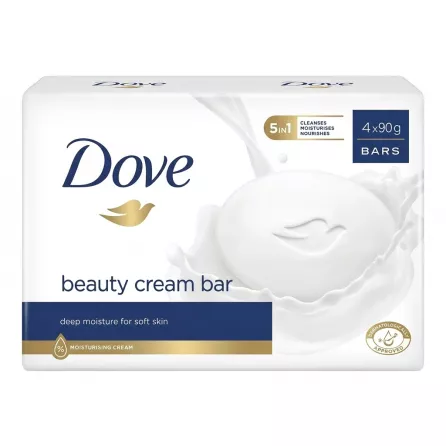 Front of Dove Beauty Cream Bar 4x90g pack held in a store aisle