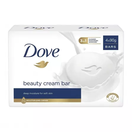 Alternate front view of Dove Beauty Cream Bar 4x90g pack showing 3-in-1 benefits