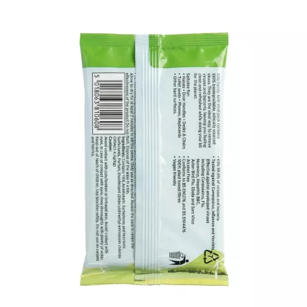 Back of Sanicare Anti-Viral Wipes pack showing barcode, ingredients, and usage directions