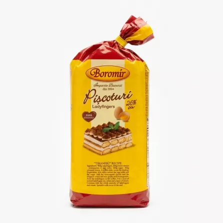 Front of Boromir Piscoturi Ladyfingers 400g pack showing branding and tiramisu image