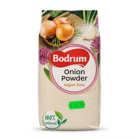 Front of Bodrum Onion Powder 600g pack held in store