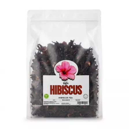 Front of Mel's Hibiscus Flower Tea 500g pouch showing product label and price