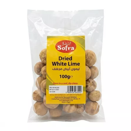 Front of Sofra Dried White Lime 100g pack in clear plastic bag with yellow label