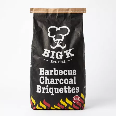 Front of Big K Barbecue Charcoal Briquettes 5kg bag showing product branding