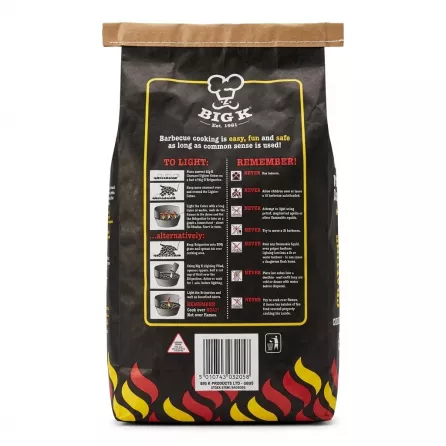 Back of Big K Barbecue Charcoal Briquettes bag with lighting instructions and safety notices