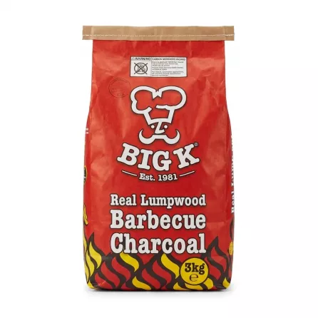 Front view of Big K Real Lumpwood Barbecue Charcoal 3kg red bag