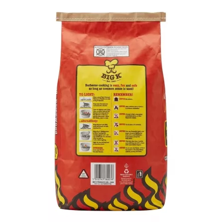 Back view of Big K Lumpwood Charcoal 3kg with lighting instructions and safety warnings