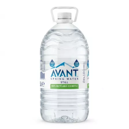 Front of Avant Spring Water Still 5L bottle showing eco label and handle