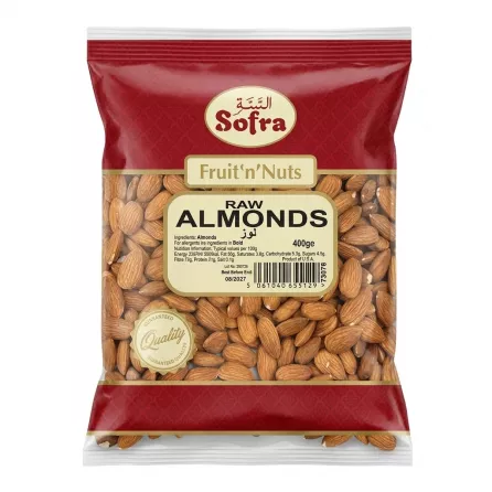 Front view of Sofra Raw Almonds 400g pack showing branding and product details