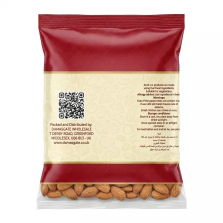 Back view of Sofra Raw Almonds 400g pack with distributor information and storage instructions