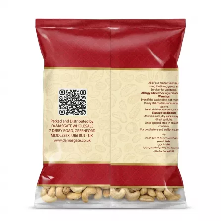 Back of Sofra Raw Cashews 350g pack showing distributor and storage instructions