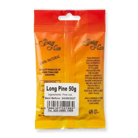 Back of Going Nuts Long Pine Nuts 50g pack with ingredients and barcode