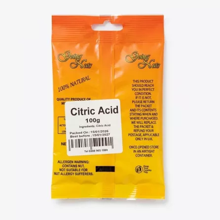 Back of Going Nuts Citric Acid 100g pack showing product details and barcode