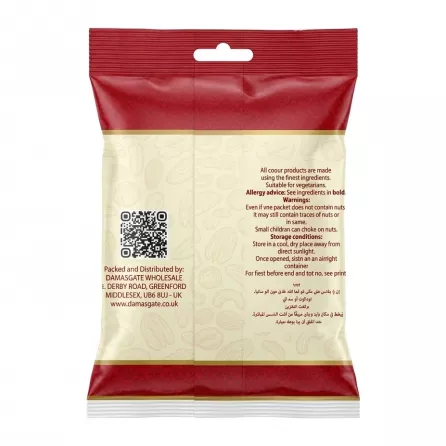 Back of Sofra Nibbed Pistachio 170g pack with storage and allergy advice