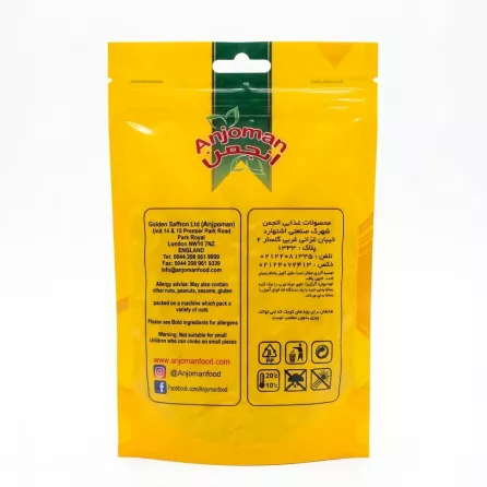 Back of Anjoman Sliced Pistachio 60g pack showing product and allergy information
