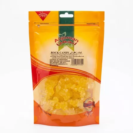 Front of Anjoman Rock Candy 250g pack in yellow-orange packaging