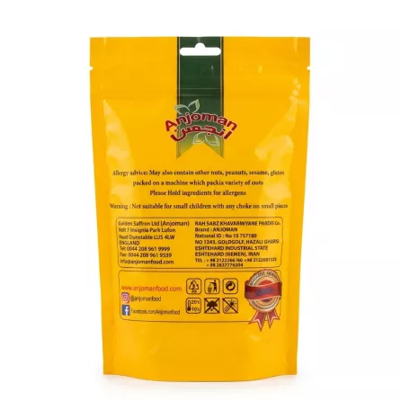 Back of Anjoman Rock Candy 250g pack showing nutritional and company information