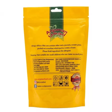 Back of Anjoman Rock Candy 250g pack with allergy advice and manufacturer information