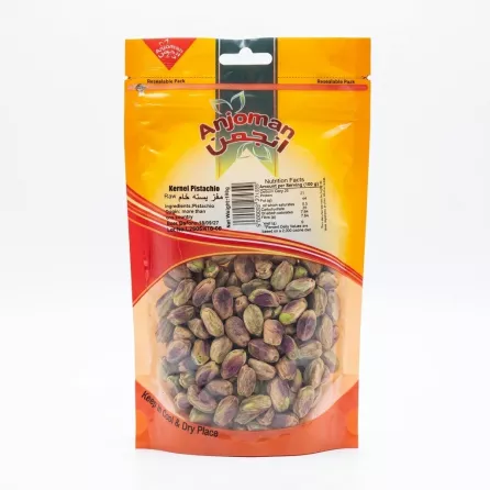 Front of Anjoman Raw Kernel Pistachio 150g pack showing visible kernels and product details