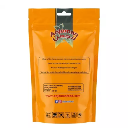 Back of Anjoman Raw Kernel Pistachio pack displaying allergy advice and contact information