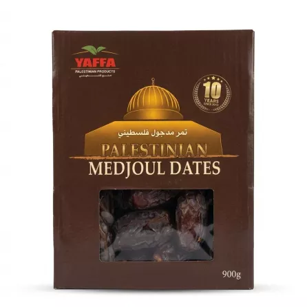 Front view of Yaffa Palestinian Medjoul Dates 900g box with price label