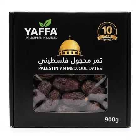 Front of Yaffa Palestinian Medjoul Dates 900g black box with transparent window showing dates