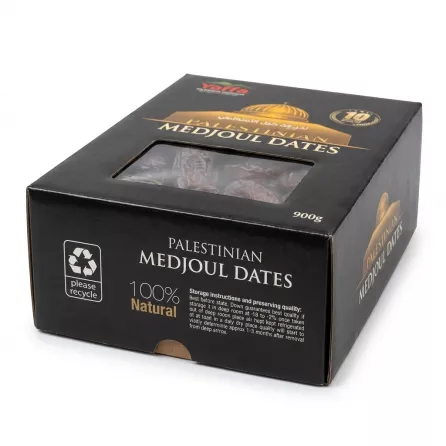 Side of Yaffa Palestinian Medjoul Dates box highlighting 100% natural and recycling symbol