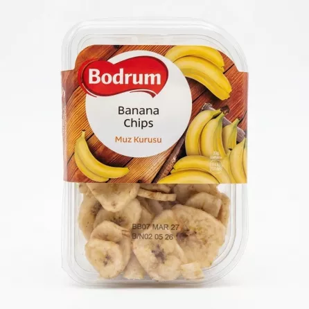 Front view of Bodrum Banana Chips 200g container with price label