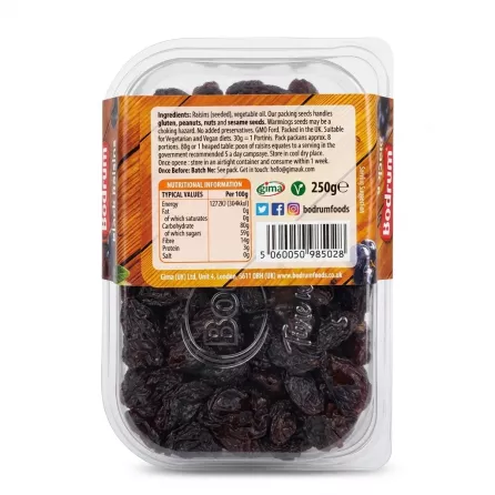 Back side of Bodrum Black Raisins pack showing ingredients and nutritional info