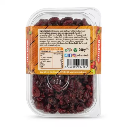 Back of Bodrum Sweetened Dried Cranberries pack with ingredients and nutrition details