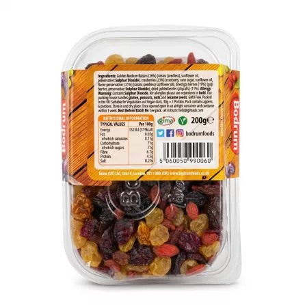 Back of Bodrum Very Berry Boost pack showing ingredients, nutrition and barcode