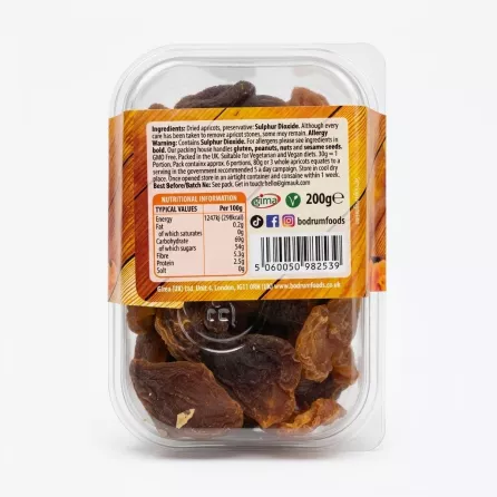 Back of Bodrum Sundried Apricot Halves 200g showing ingredients, nutrition, and barcode