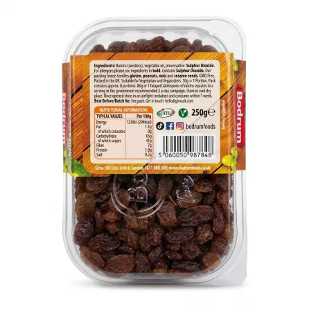 Back of Bodrum Sultana Raisins 250g pack showing ingredients, nutrition, and barcode