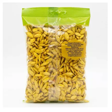 Back view of Donya Yellow Pumpkin Seeds 150g pack, displaying allergen and manufacturer information
