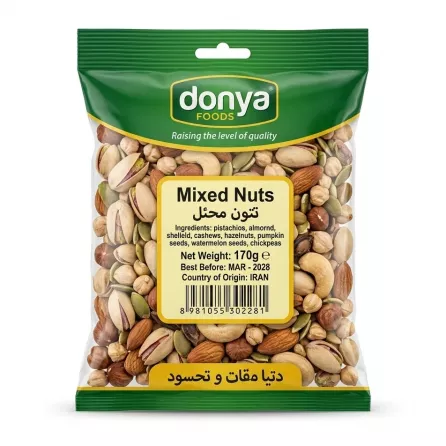 Front of Donya Foods Mixed Nuts pack 170g showing nut blend