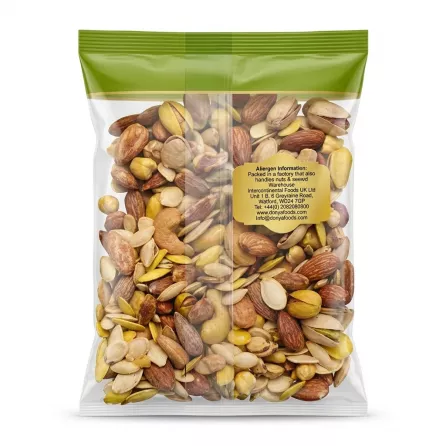 Back of Donya Foods Mixed Nuts 170g pack with ingredients and contact information