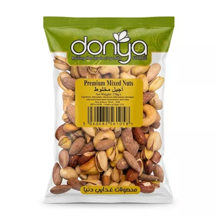 Front view of Donya Premium Mixed Nuts 170g packet with visible mixed nuts inside